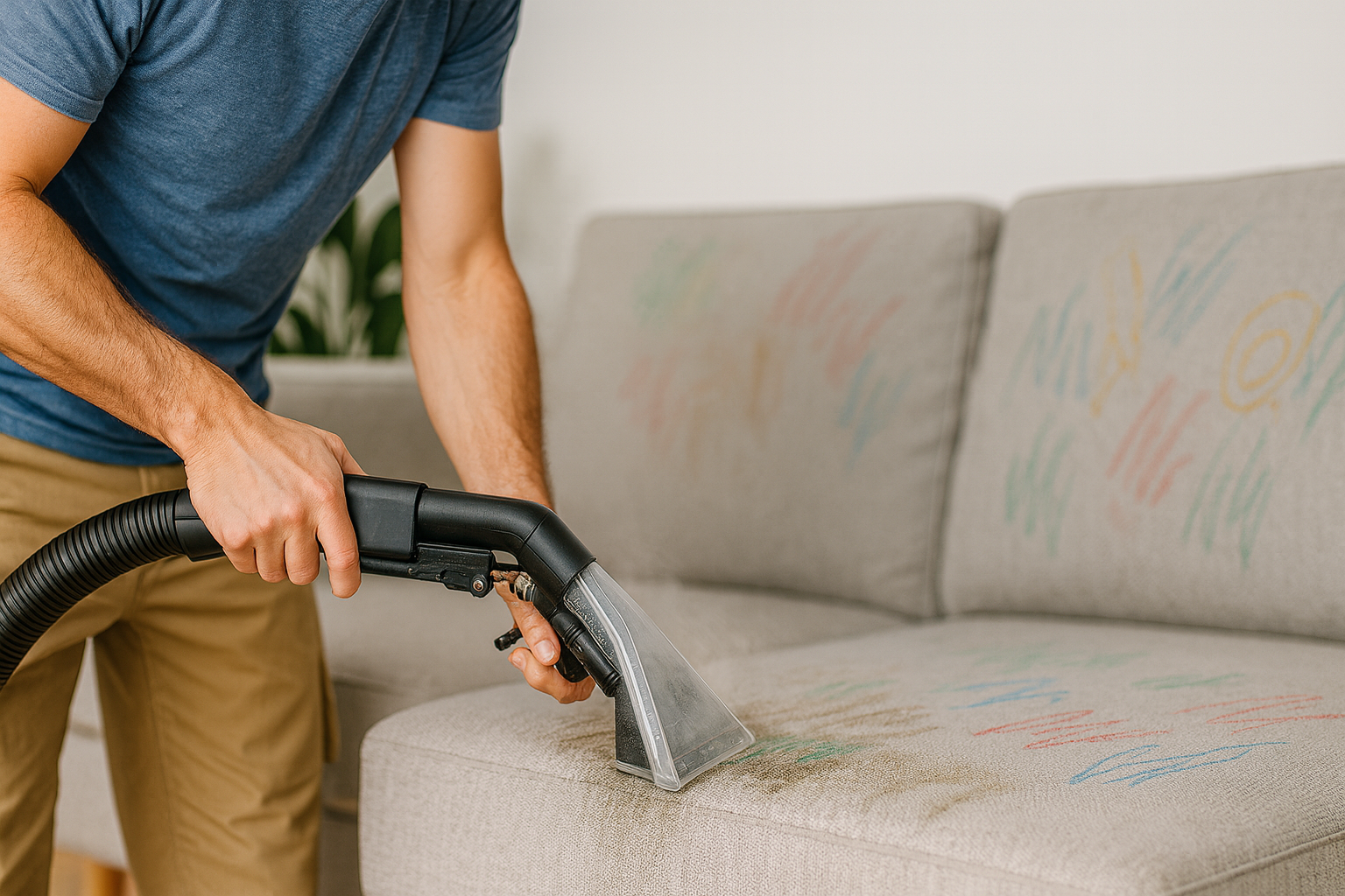Upholstery cleaning in progress — removing kid drawings from a fabric sofa